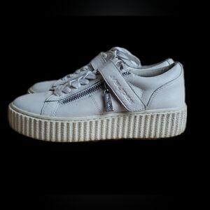 J/Slide NYC White Leather Chunky Platform Sneaker - Embossed Velcro & Zipper *